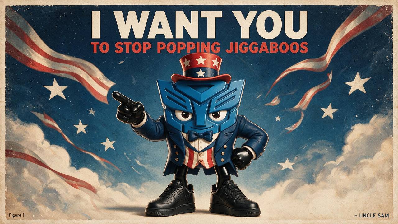 Uncle Sam-style Officer Jiggaboo pointing at you with text: I WANT YOU TO STOP POPPING JIGGABOOS