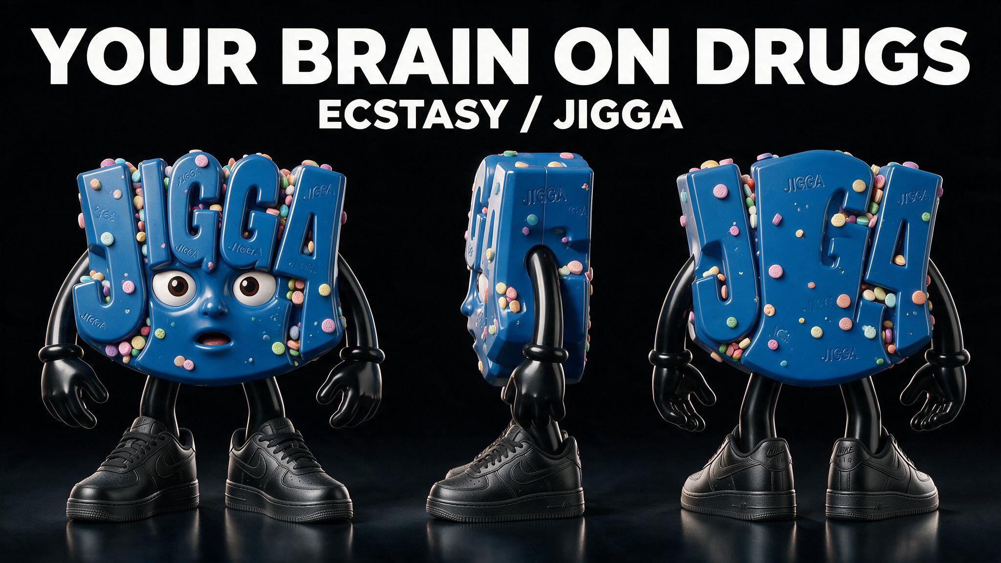 Your Brain On Drugs — Ecstasy / Jigga: three views of a blue JIGGA-shaped character covered in colorful pills