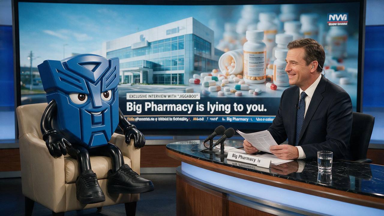 Officer Jiggaboo being interviewed on a news set, sitting in a chair across from a news anchor, with 'Big Pharmacy is lying to you' on screen behind them