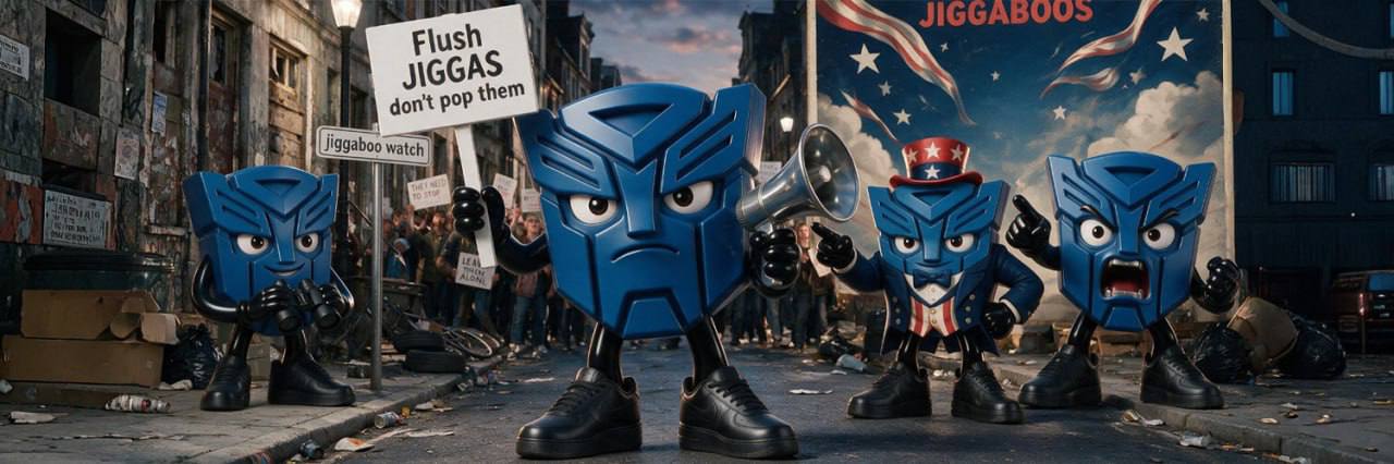 Officer Jiggaboo: A blue Transformers-style robot face mascot with stern expression, anti-Jigga badge, and black boots — flanked by fellow officers on a gritty urban street